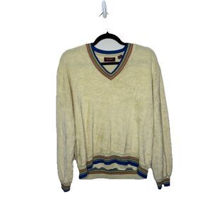 Myron Cream Terry Cloth Blue Orange V Neck Sweater Size Large Long Sleeves